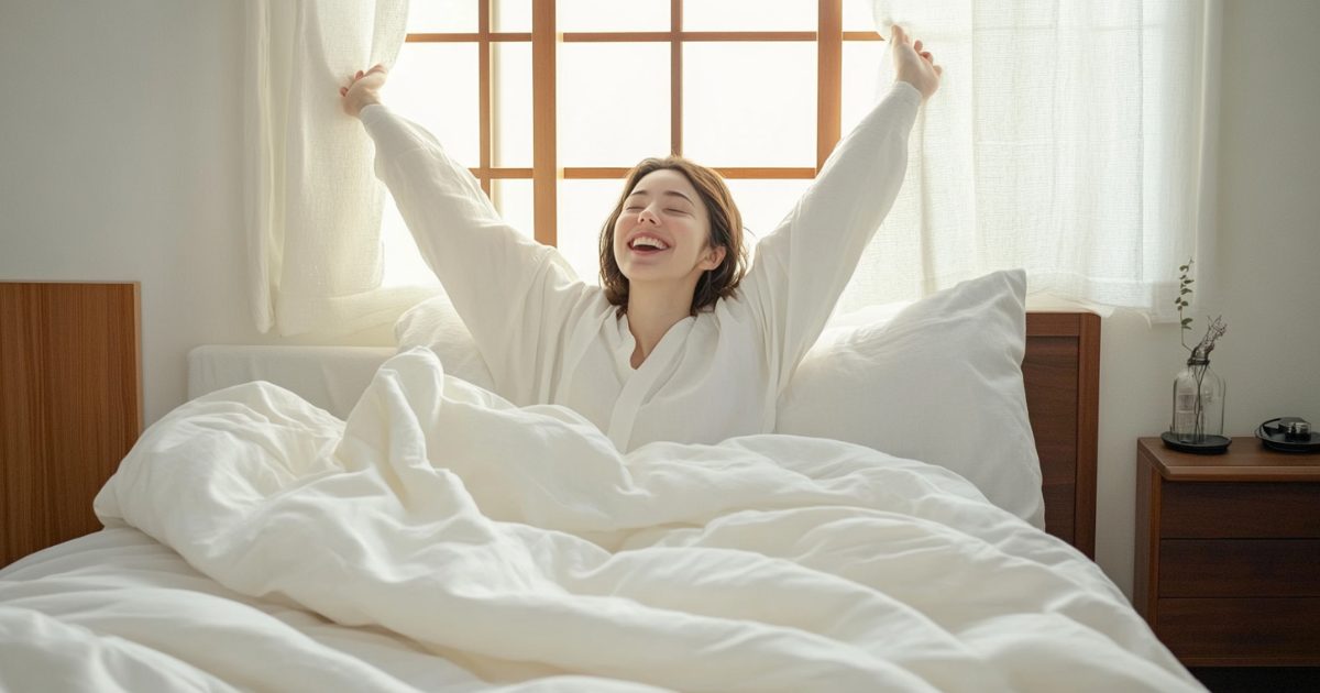雲のやすらぎプレミアム三つ折りマットレスで快適な目覚めを得た女性