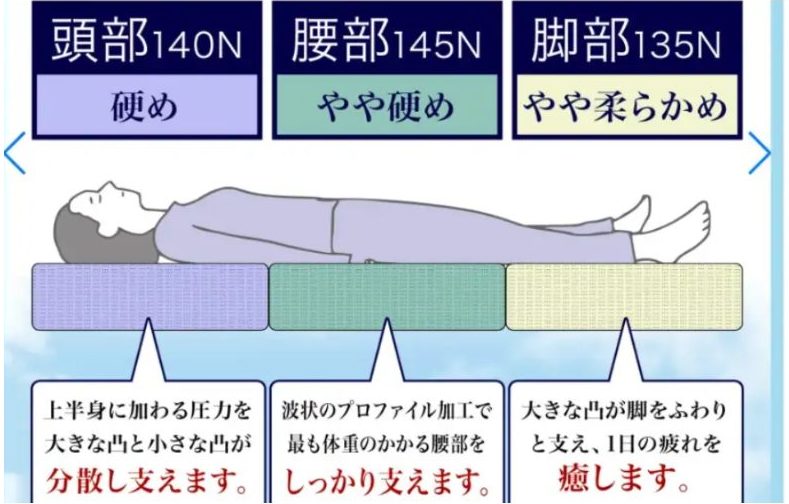 三つ折りマットレスの部位別のかたさ