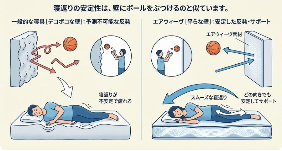 寝返りの安定性はボールの跳ね返りと同じと示す図