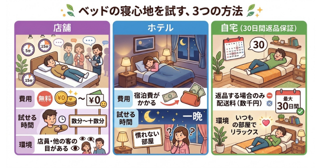 寝心地を体験できる自宅・店舗・ホテルを比較した図